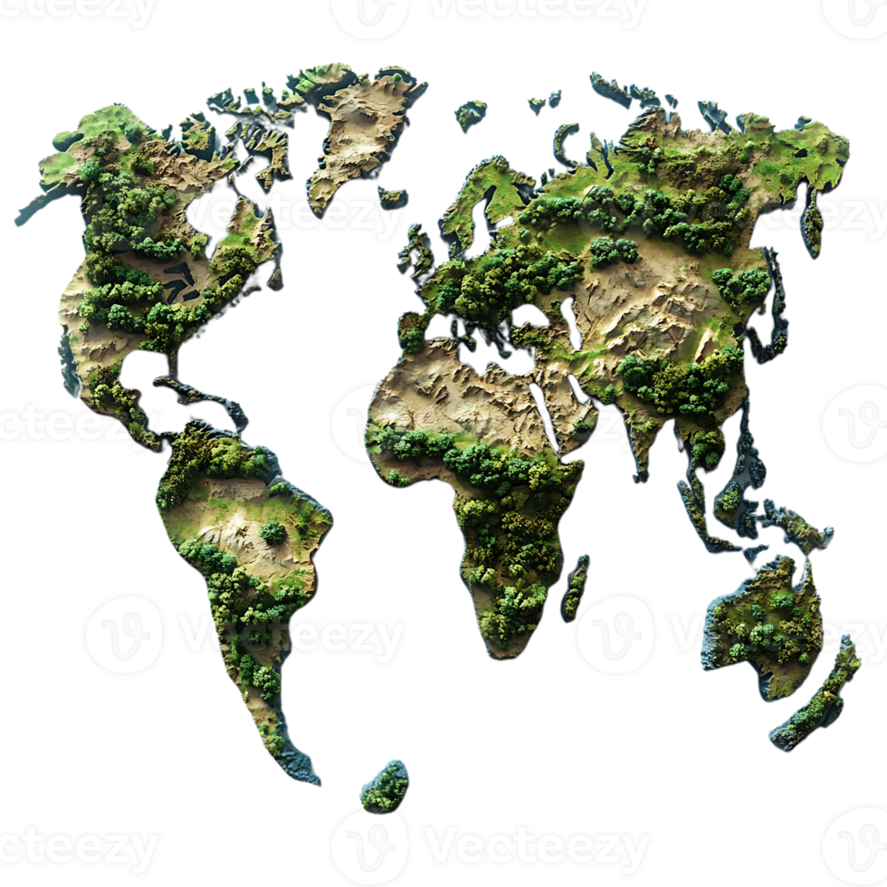 A Lush and Detailed 3D World Map with a Transparent Background, Displaying Every Continent's Topography and Vegetation png