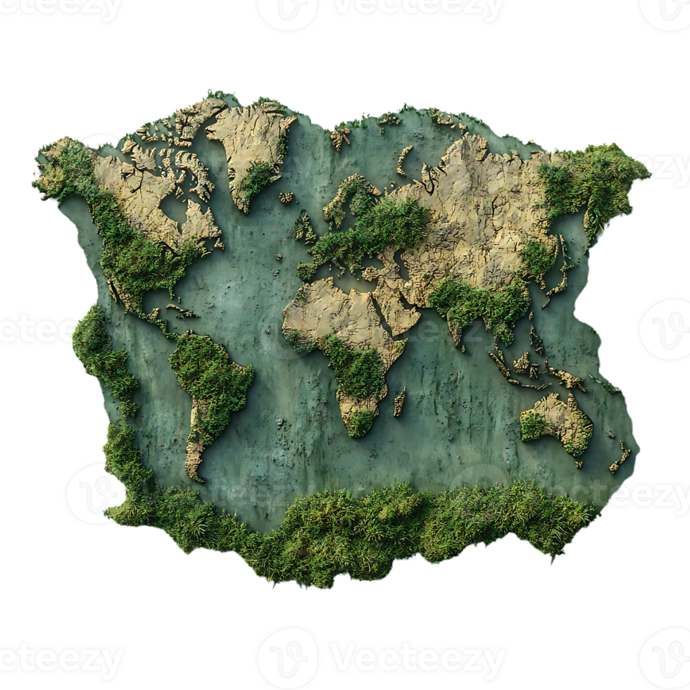 World Map Embossed with Grass, a Stunning 3D Render with a Transparent Background png