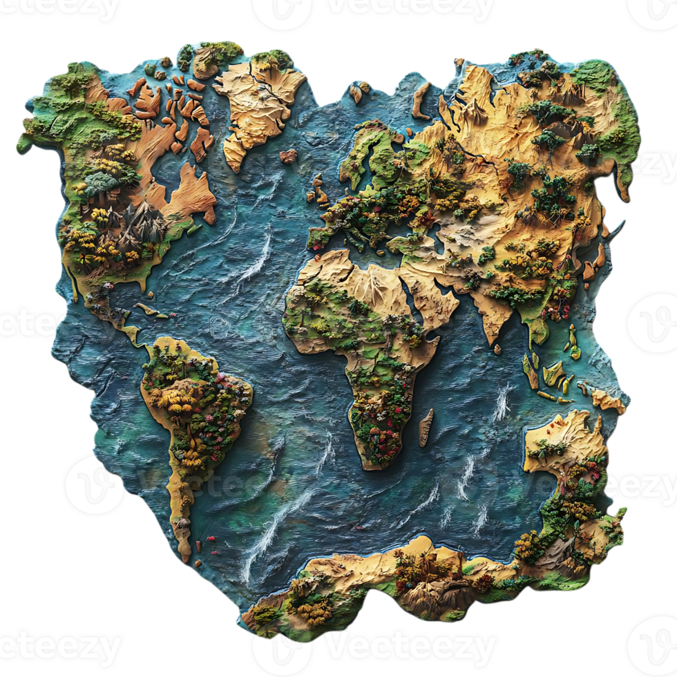 A Detailed 3D World Map with Stunning Visuals and a Transparent Background, Depicting Realistic Landscapes and Oceans png