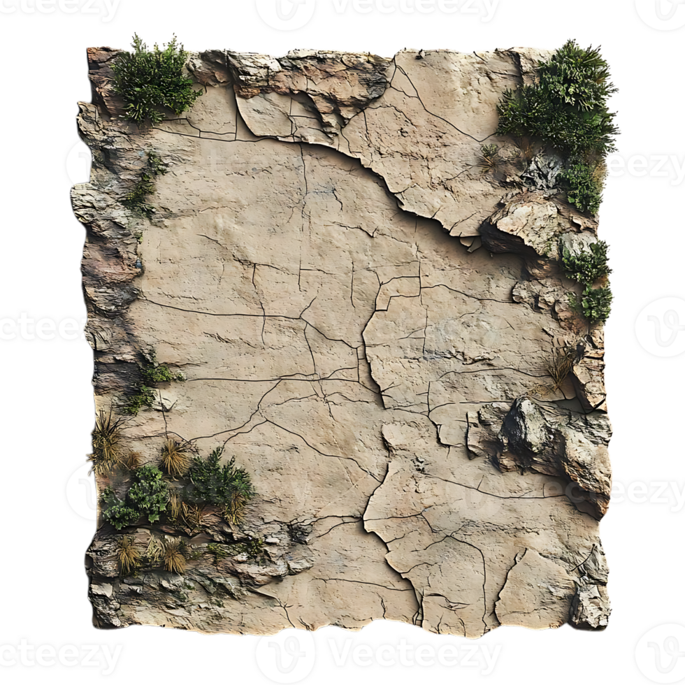Cracked Stone Wall with Greenery - Transparent Background - Ideal for Game Design and 3D Modeling png