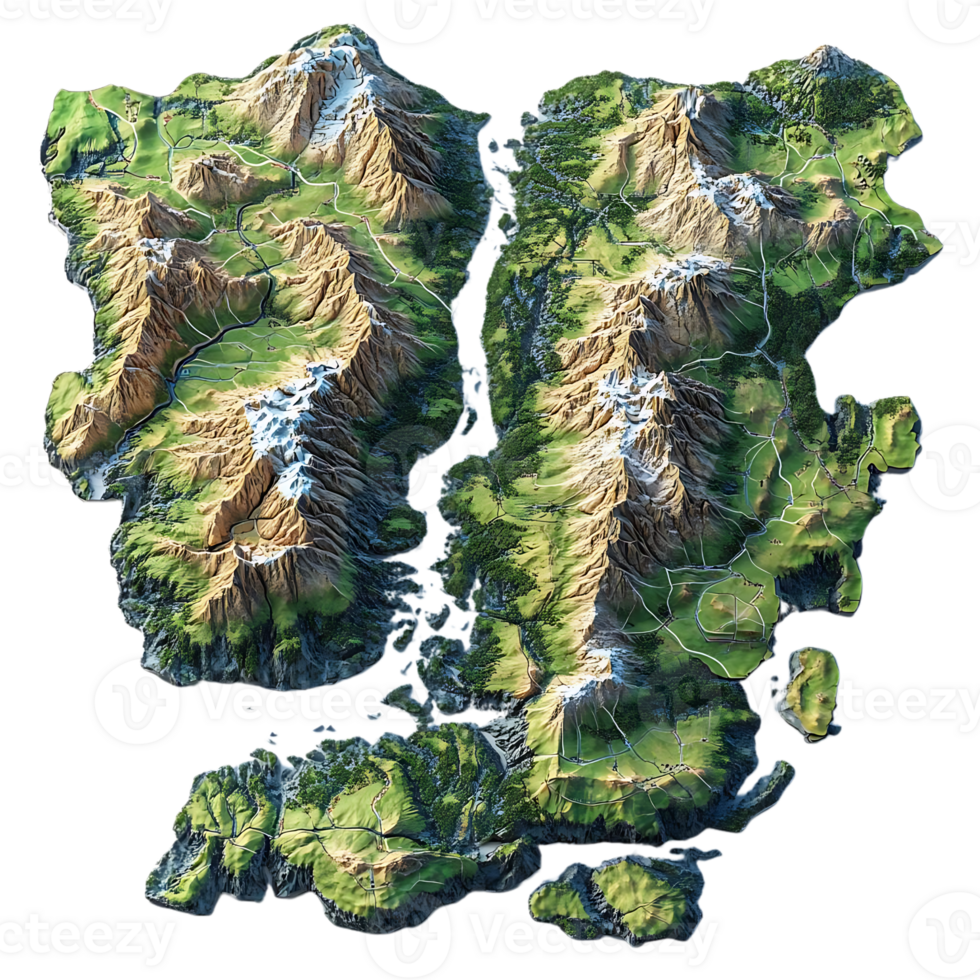 Explore the Majestic Mountains and Lush Valleys of this 3D Map with a Transparent Background png