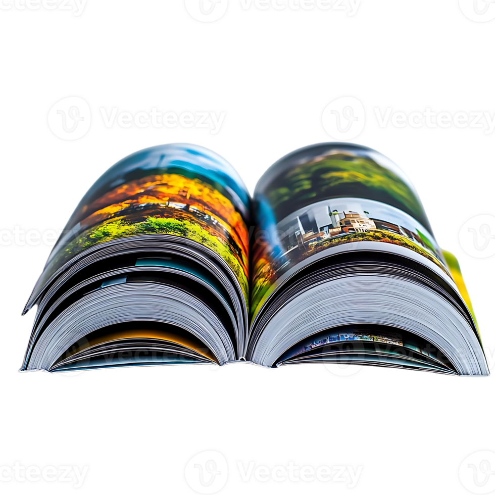 Open Book with Colorful Pages, a Glimpse of Nature and Urban Landscapes with Transparent Background png