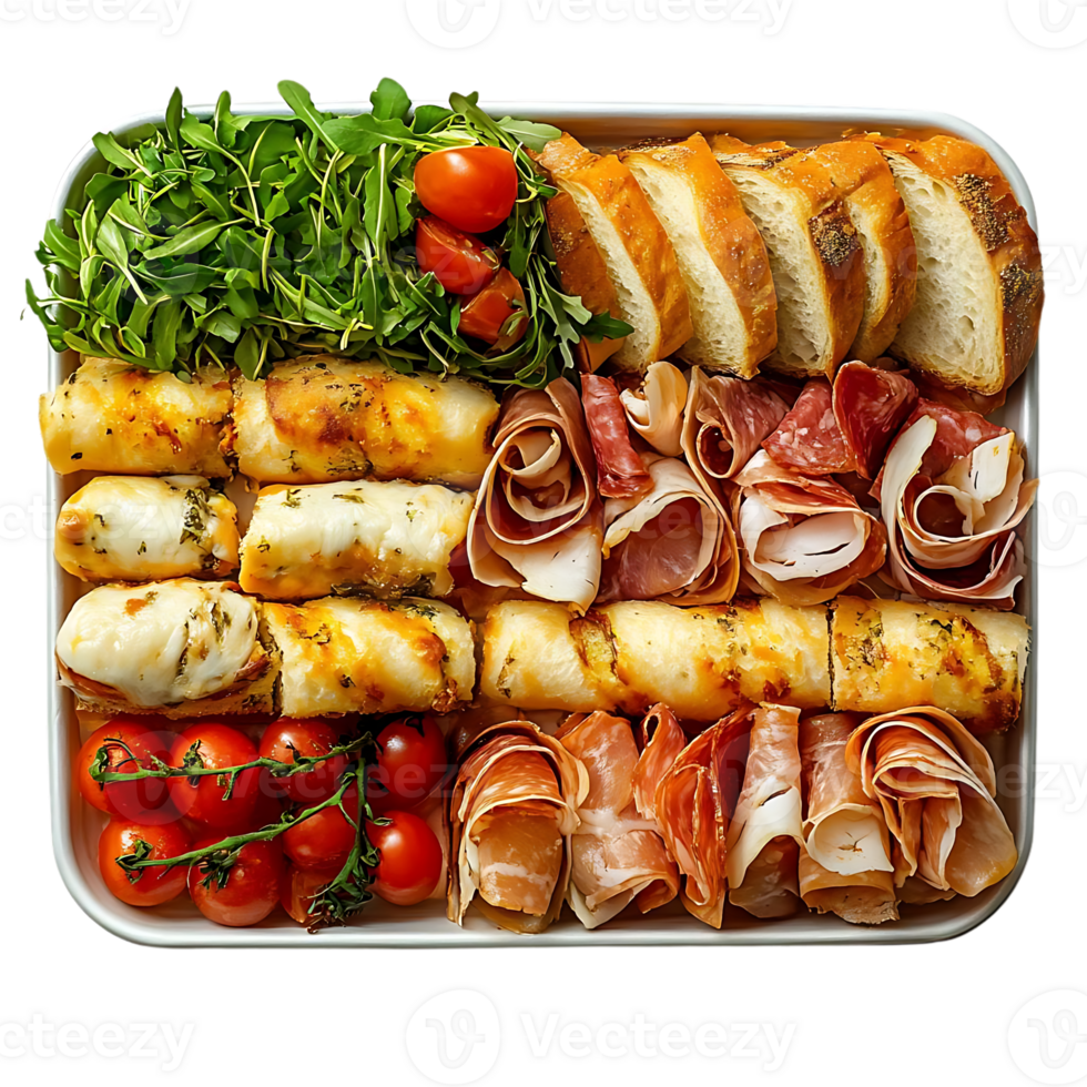 Delicious Charcuterie Board Featuring Salami, Prosciutto, Breadsticks, and Tomatoes with a Transparent Background png