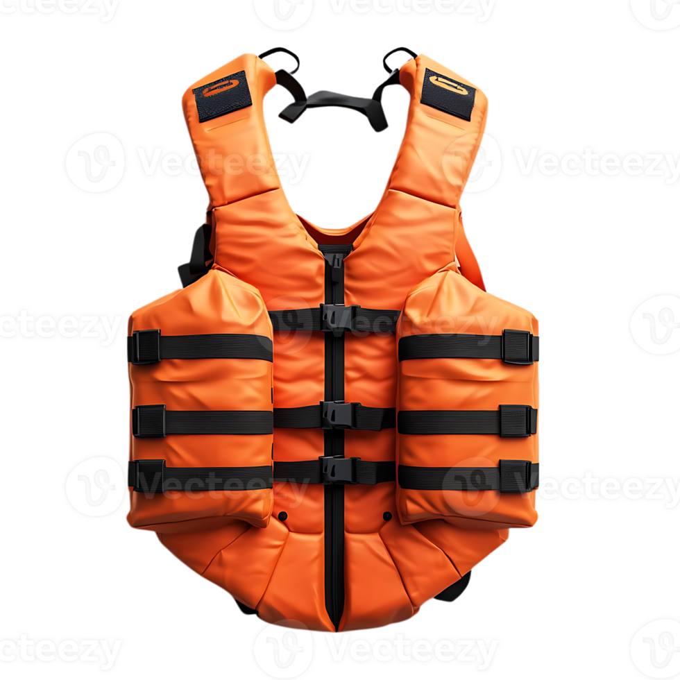 Orange Life Vest with Black Straps for Water Safety and Buoyancy, Isolated on a Transparent Background png