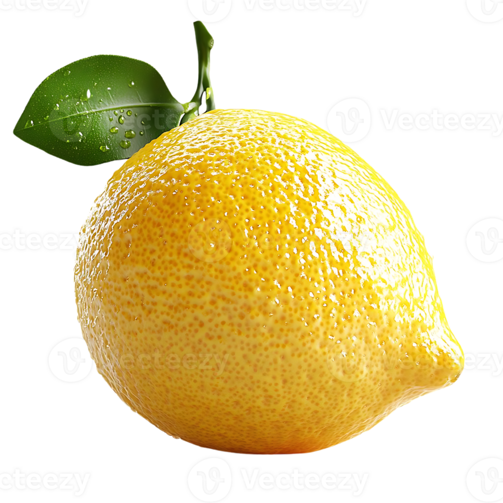 A Single, Ripe Lemon with a Green Leaf, Isolated on a Transparent Background png