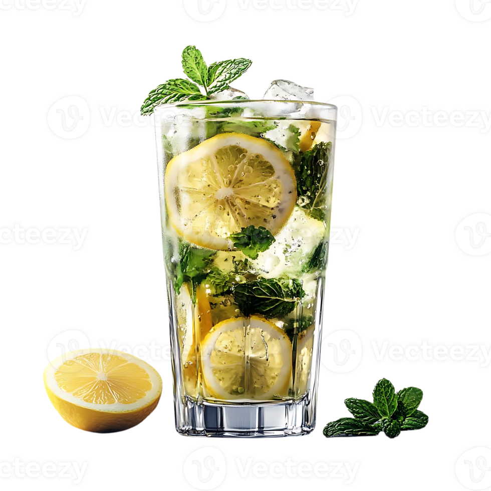 Refreshing Lemon Mint Drink with Ice and Transparent Background png