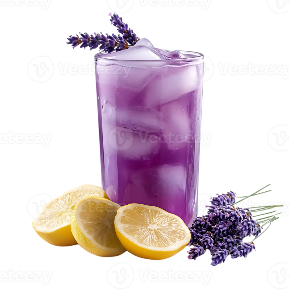 Refreshing Lavender Lemonade with Lemon Slices and Ice, Transparent Background png
