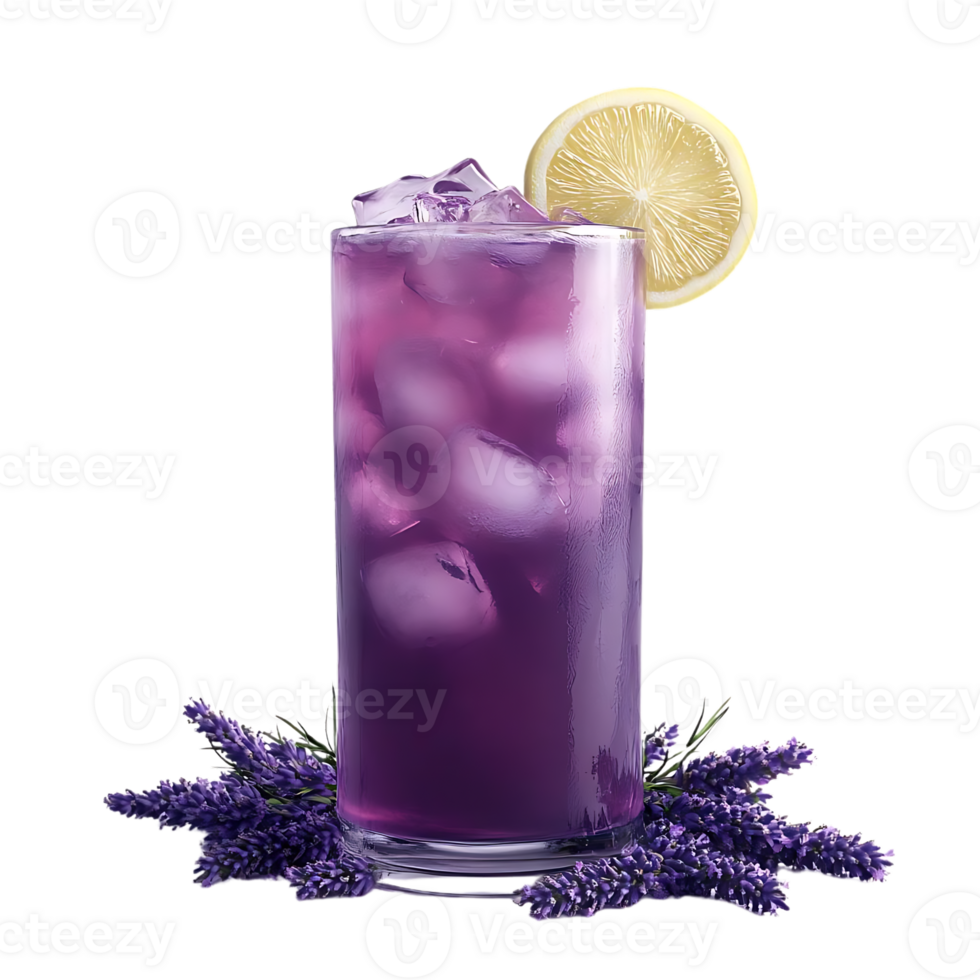 Refreshing Lavender Lemonade with Ice and Lemon Garnish, A Refreshing and Aromatic Summer Drink with Transparent Background png