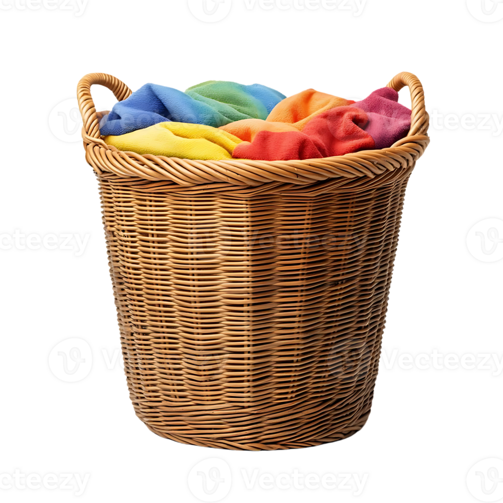 Wicker Laundry Basket Overflowing with Colorful Towels, Transparent Background png