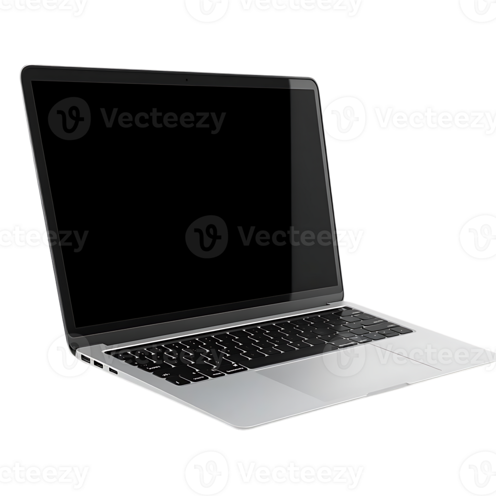 Laptop with Transparent Background, Modern Design, Sleek and Minimalist, Open Screen with Black Display,  Silver Keyboard, and Touchpad. png