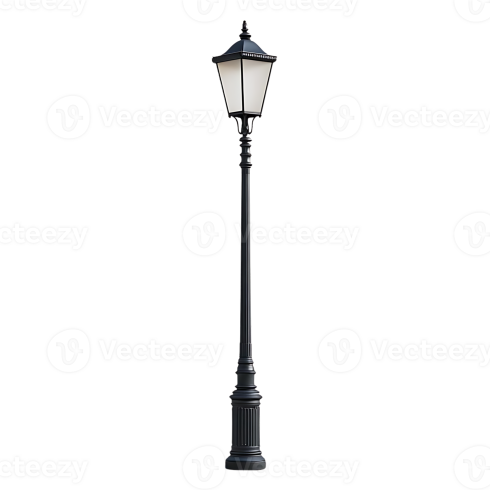 Black Street Lamp with Transparent Background Illuminates the Night, Cast Iron Streetlight with Elegant Design. png