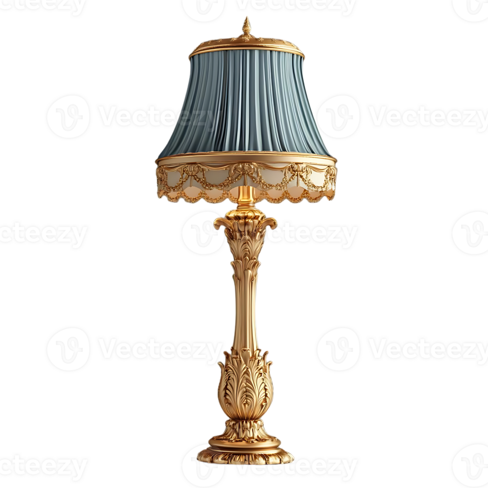 Ornate Gold Table Lamp with Blue Fabric Shade, Transparent Background, Elegant Home Decor png