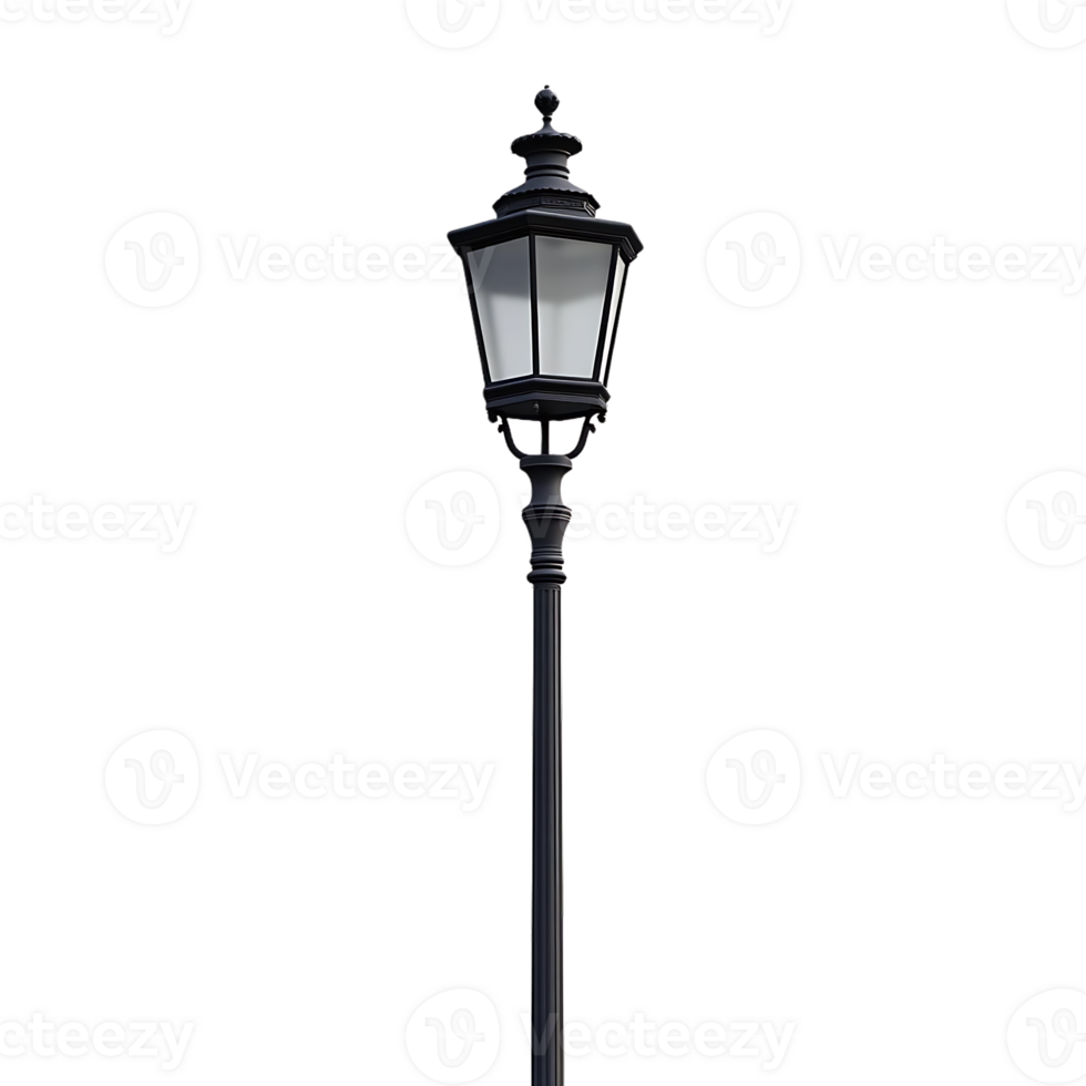 Classic Black Street Lamp with Transparent Background, Illuminated with a White Light, Isolated on a Black Background, Elegant and Stylish png