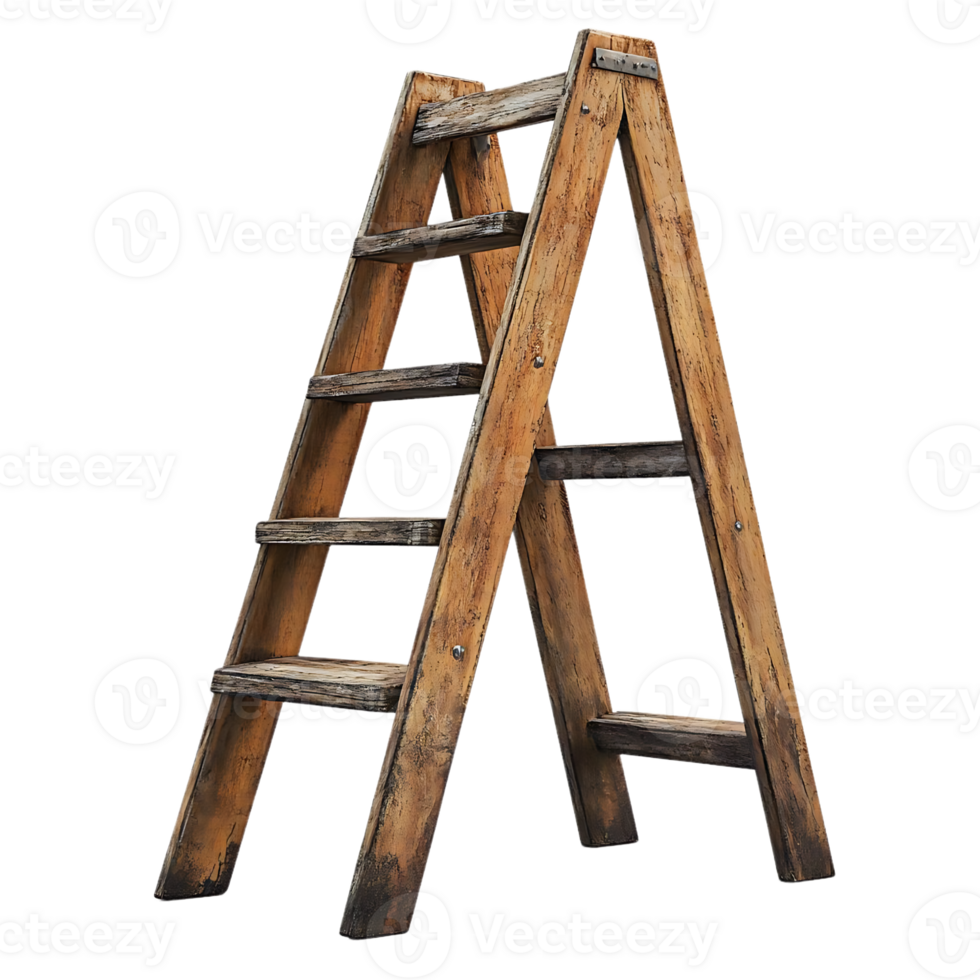 Wooden Step Ladder Isolated on Transparent Background, Vintage Rustic Ladder for Home Improvement Projects png
