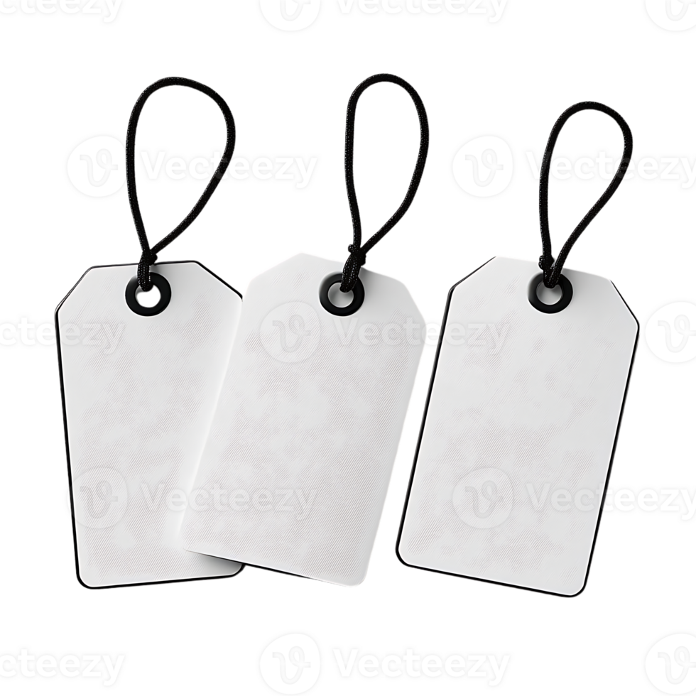Blank White Tags with Black String Hanging, Isolated on a Transparent Background. png