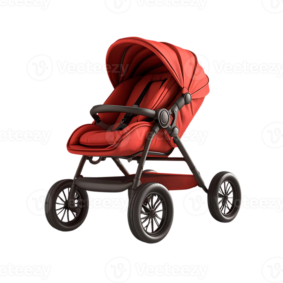 Red Baby Stroller with Transparent Background, Perfect for Safe and Comfortable Rides, Ideal for Newborn and Toddlers, Features Adjustable Canopy and 360-Degree Rotation Wheels. png