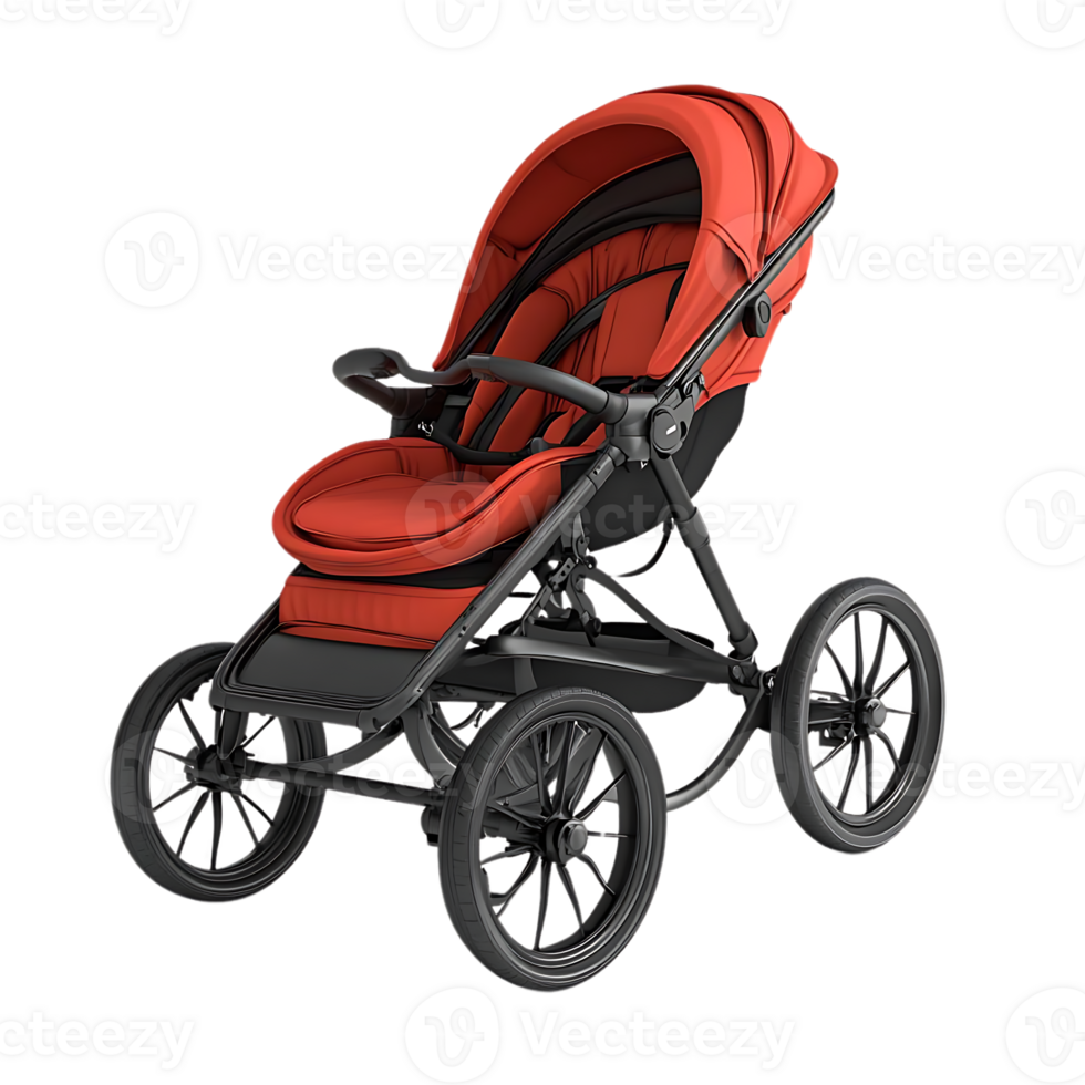 Red Baby Stroller with Transparent Background,  Comfortable Ride, Smooth Wheels, Durable Construction,  All-Terrain Capability, Safe and Secure,  Easy to Maneuver, Lightweight Design,  Adjustable Canopy,  Sturdy Frame,  Excellent for Outdoor Adventures png