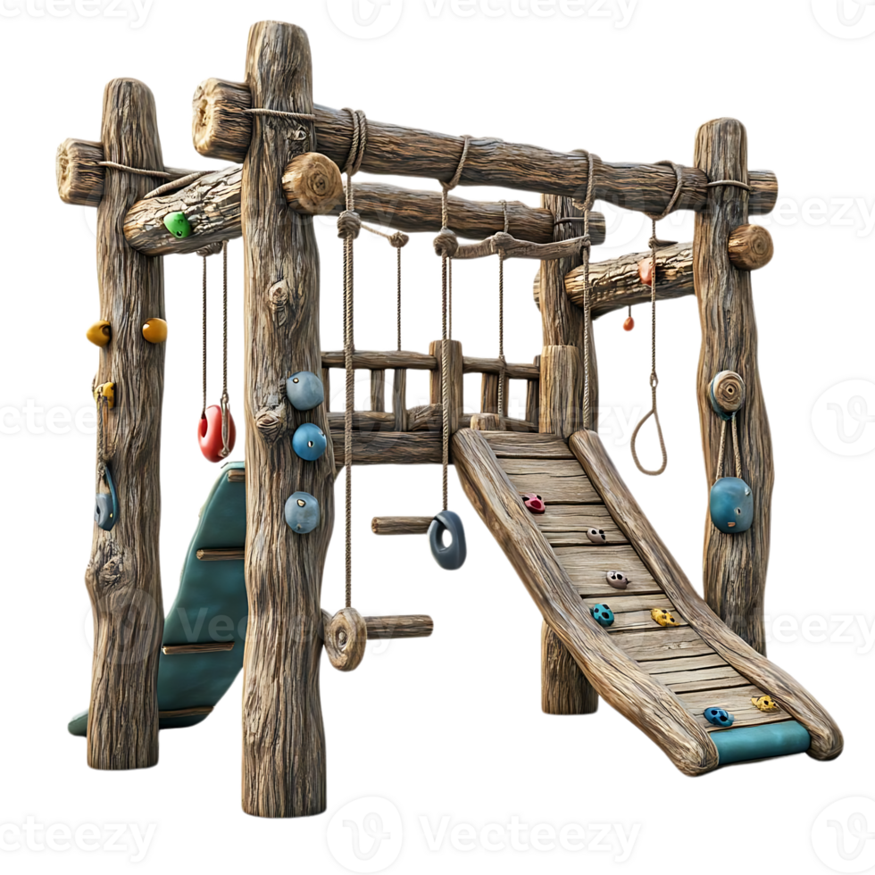 Wooden Playground with Transparent Background, Featuring a Slide, Climbing Wall, and Rope Swing for Kids to Enjoy Outdoor Fun. png