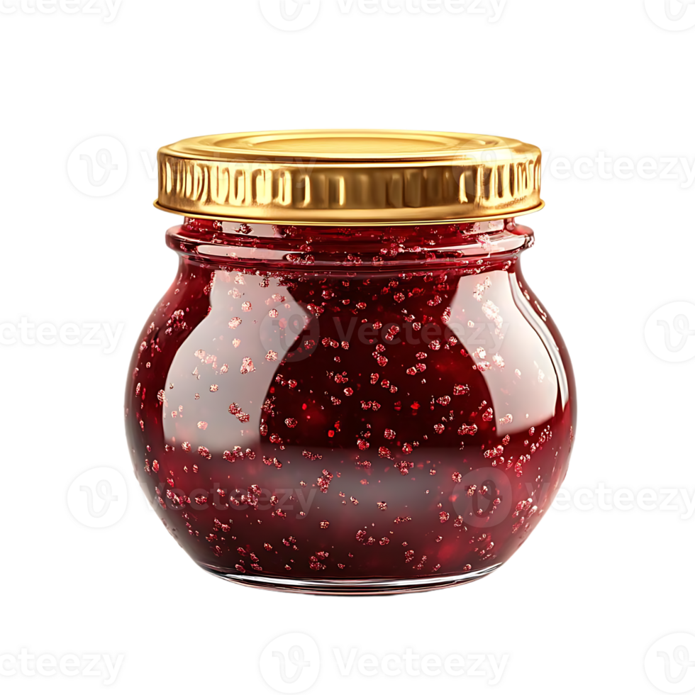 Delicious Red Berry Jam in a Glass Jar with a Gold Lid, Transparent Background png