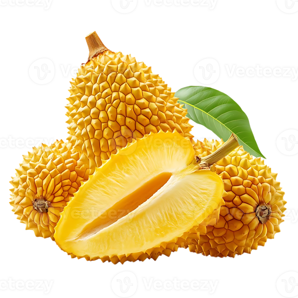 Yellow Durian Fruit Slices Cut Open with Green Leaf on a Transparent Background png