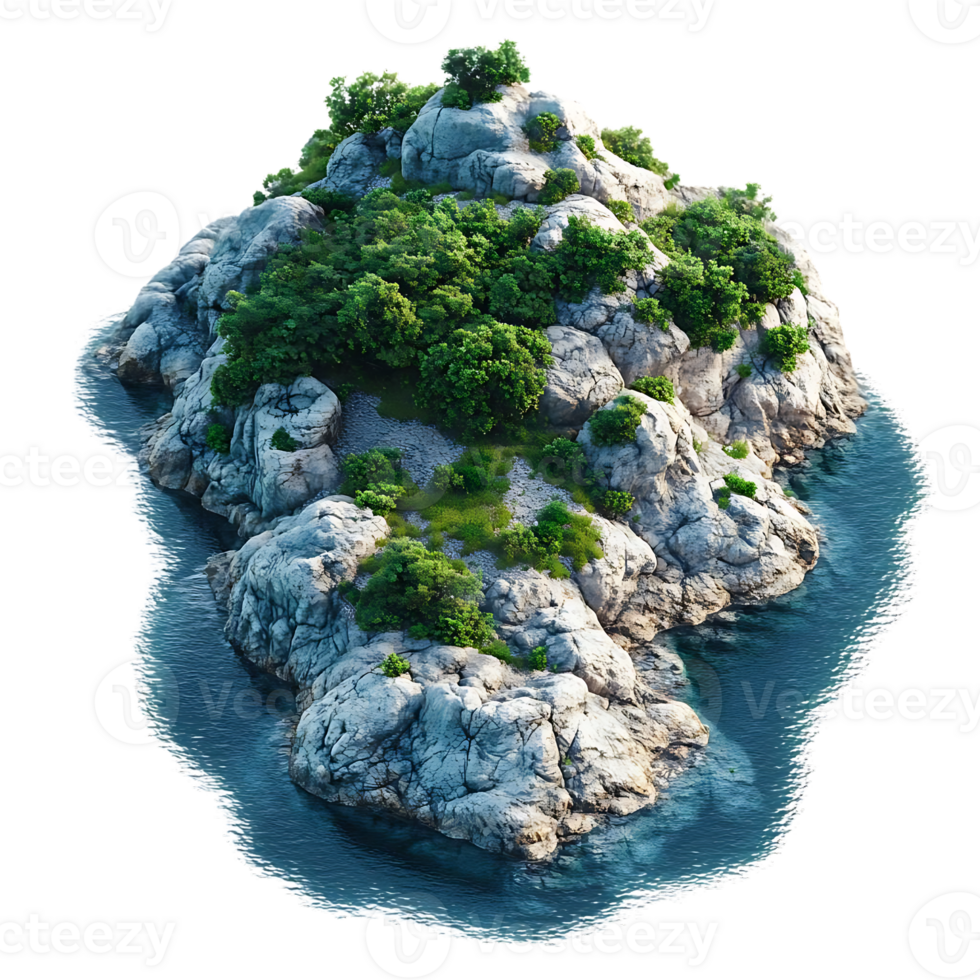 A Lush Green Island with Rocky Cliffs Surrounded by Clear Blue Water with a Transparent Background png
