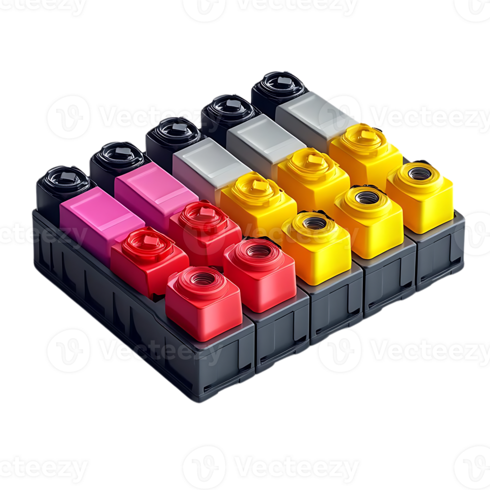 Colorful Ink Cartridges Arranged in Rows, Presenting a Vibrant Display of Printing Supplies, Transparent Background png