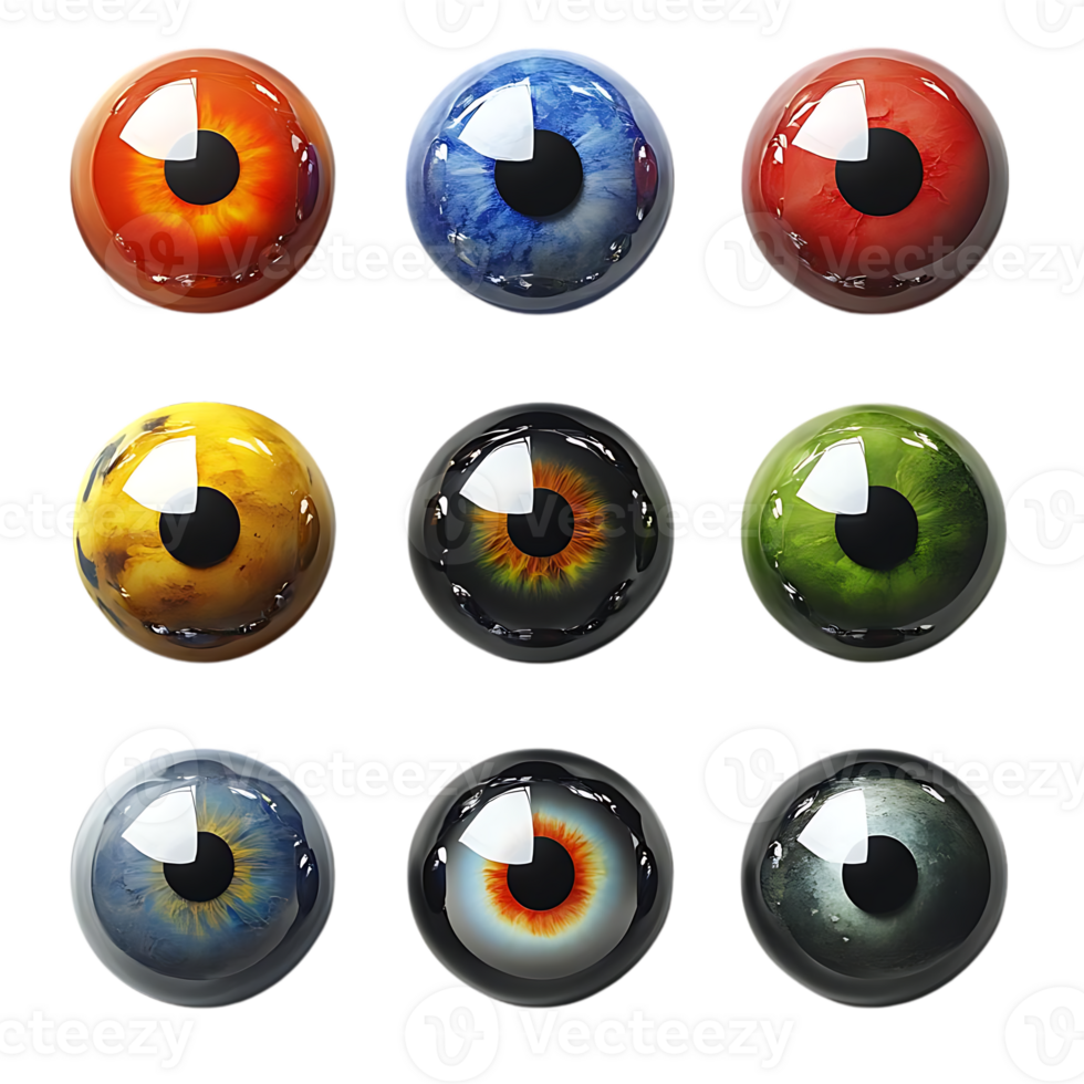 Nine Colorful Eyeballs with Transparent Background - Realistic 3D Rendering of Human Eyes with Different Colors png