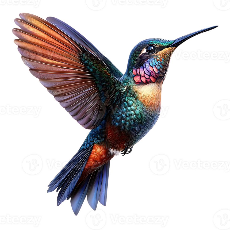 Hummingbird in Flight with Transparent Background, Vibrant Colors and Detailed Feathers, Isolated on Black png