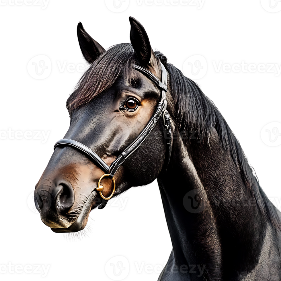 negro caballo con un transparente fondo, mirando majestuosamente con un brida, hermosamente iluminado png