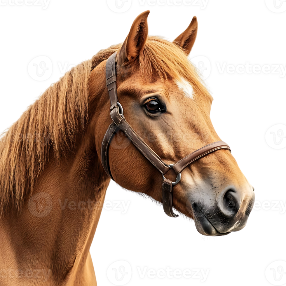 Horse with Transparent Background, Captivating Chestnut with a Gentle Gaze and a Leather Halter. png