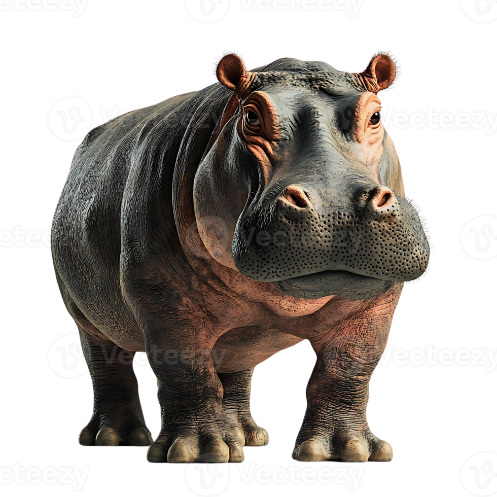 A Large Hippopotamus Stands with a Transparent Background,  Looking Directly at the Camera. png