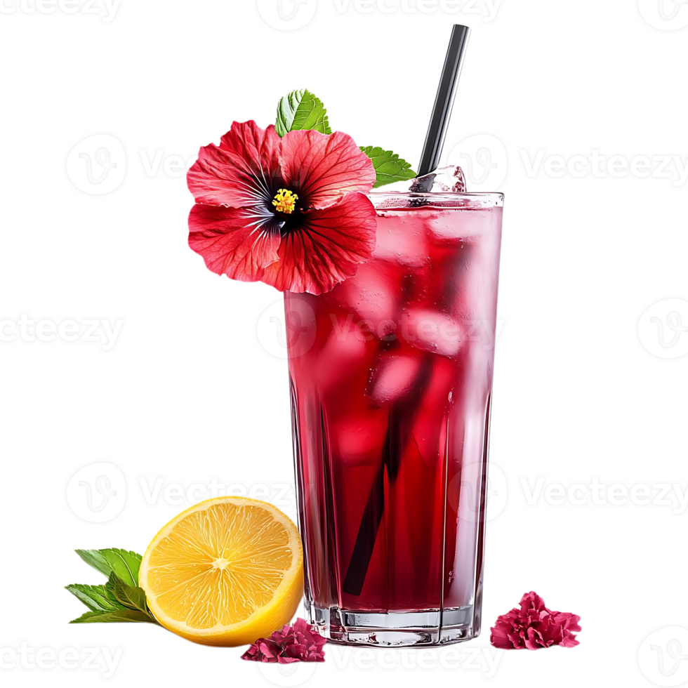 Refreshing Hibiscus Iced Tea with Lemon and a Transparent Background png