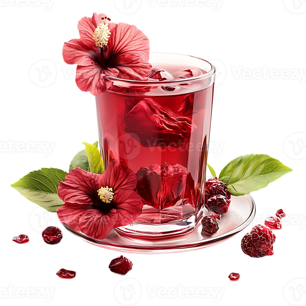 Hibiscus Tea with Transparent Background, Refreshing Red Drink with Dried Hibiscus Flowers and Raspberries png