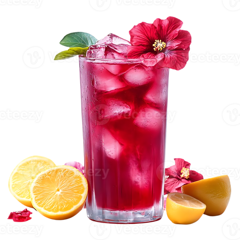 Refreshing Hibiscus Iced Tea with Lemon Slices on a Transparent Background png