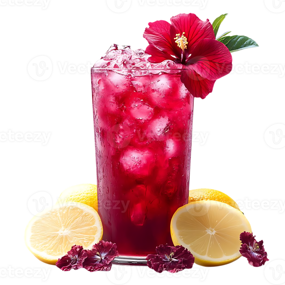 Refreshing Hibiscus Iced Tea with Lemon, Transparent Background png