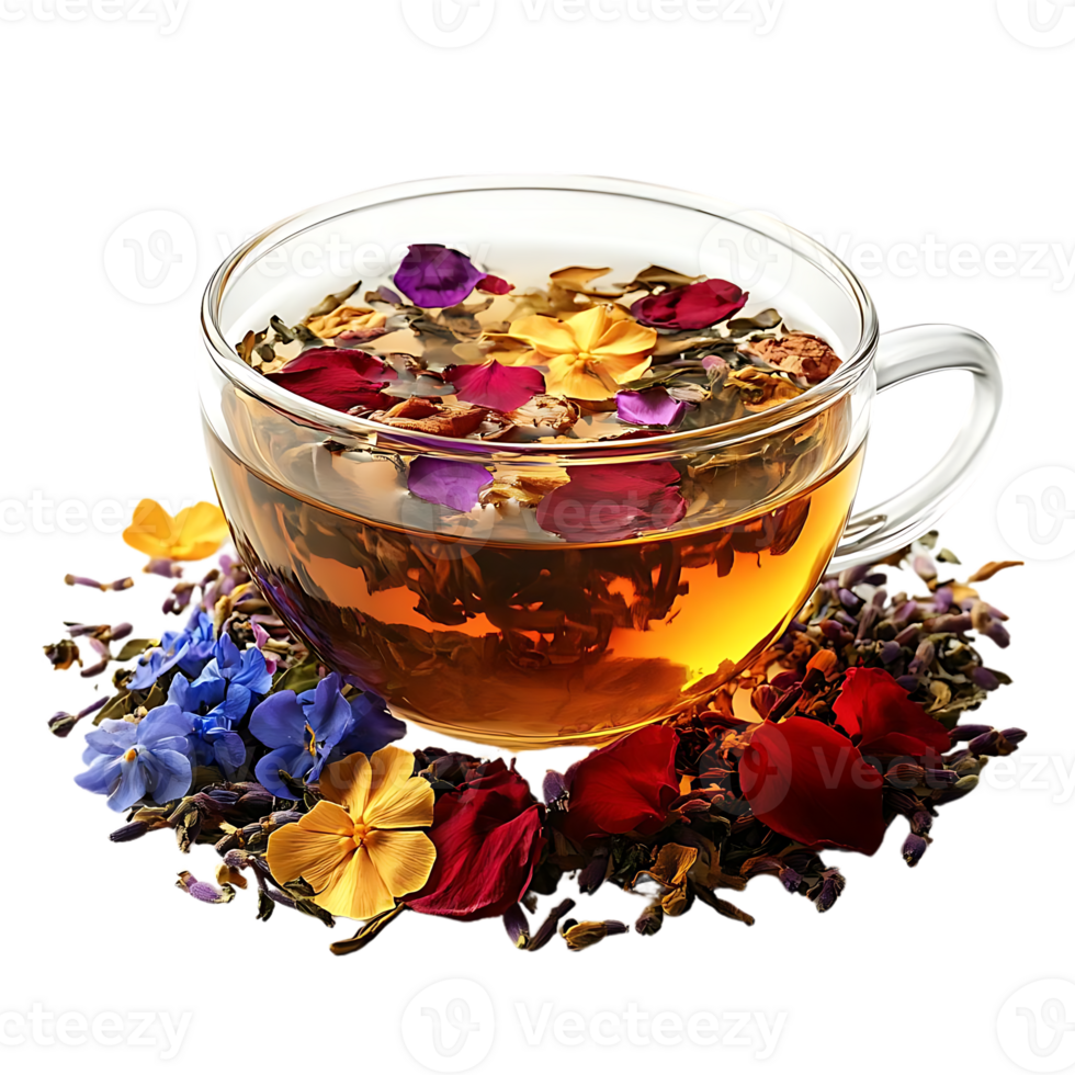 Aromatic Herbal Tea with Colorful Flowers and Petals on a Transparent Background png