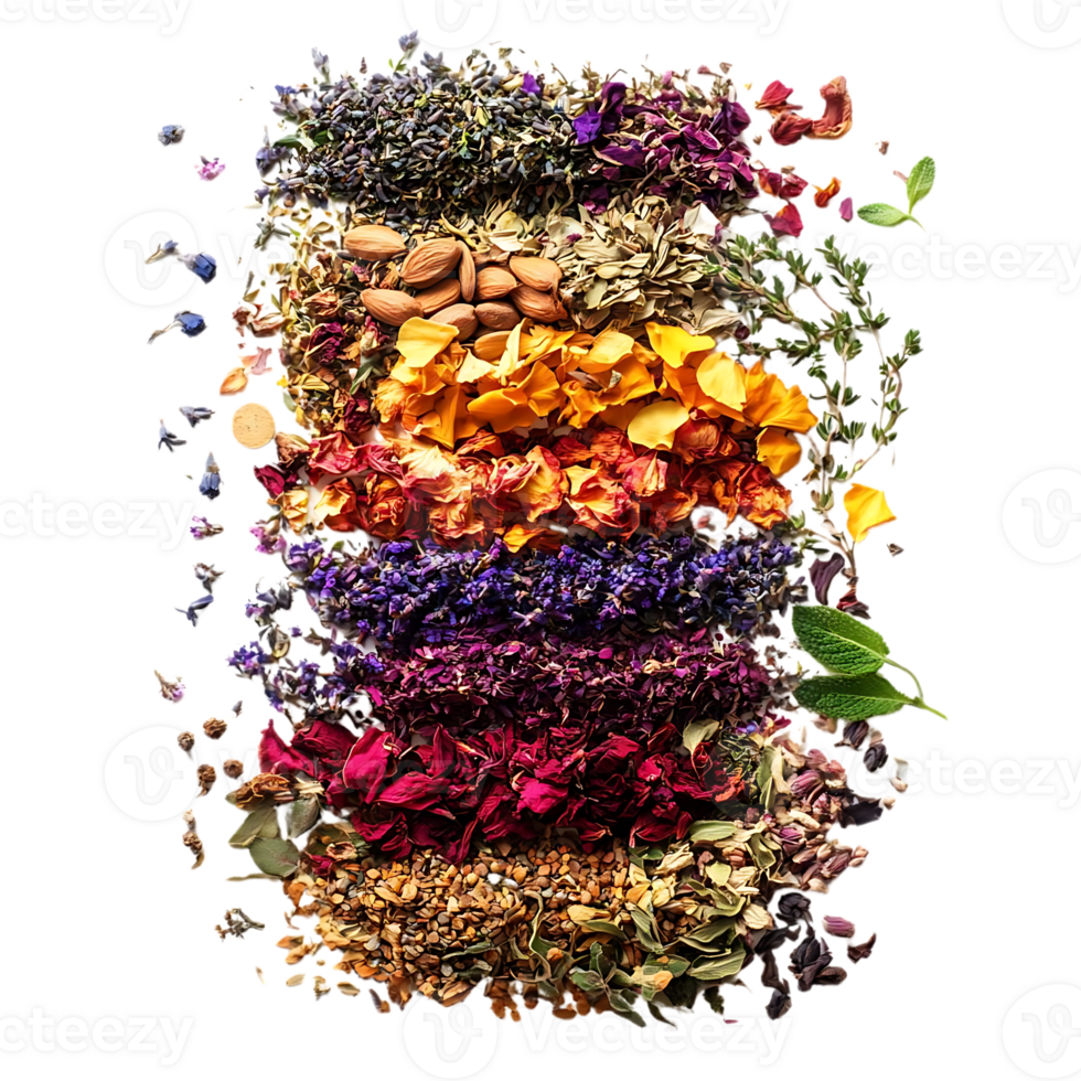 Dried Flowers and Herbs with Almonds on a Transparent Background, Colorful Botanical Collage with a Rainbow of Dried Ingredients png