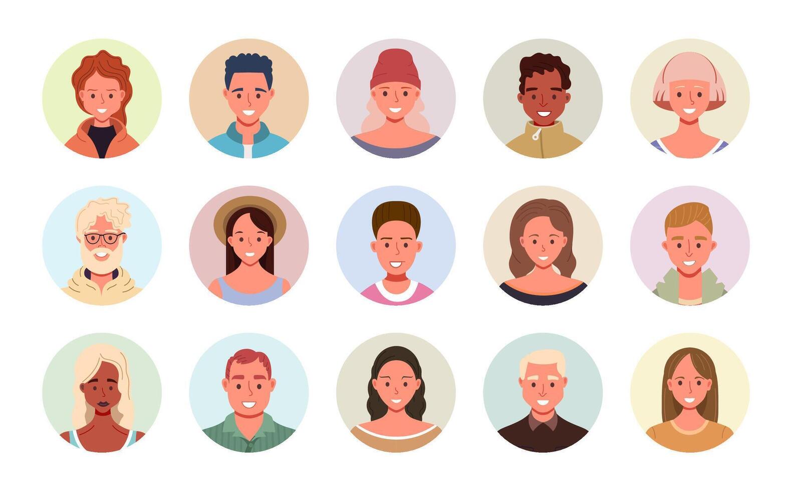 Collection of diverse people avatars in circular frames. Illustration of multiethnic user portraits. Flat cartoon male and female characters icons. vector