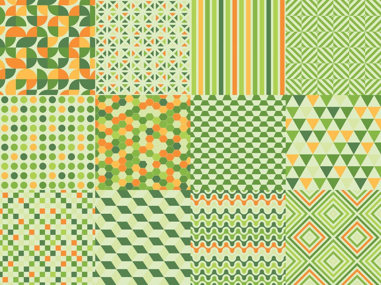 Collection of bright seamless colorful geometric patterns. Abstract unusual modern retro backgrounds. Green mosaic tile endless textures. Eco unusual prints vector