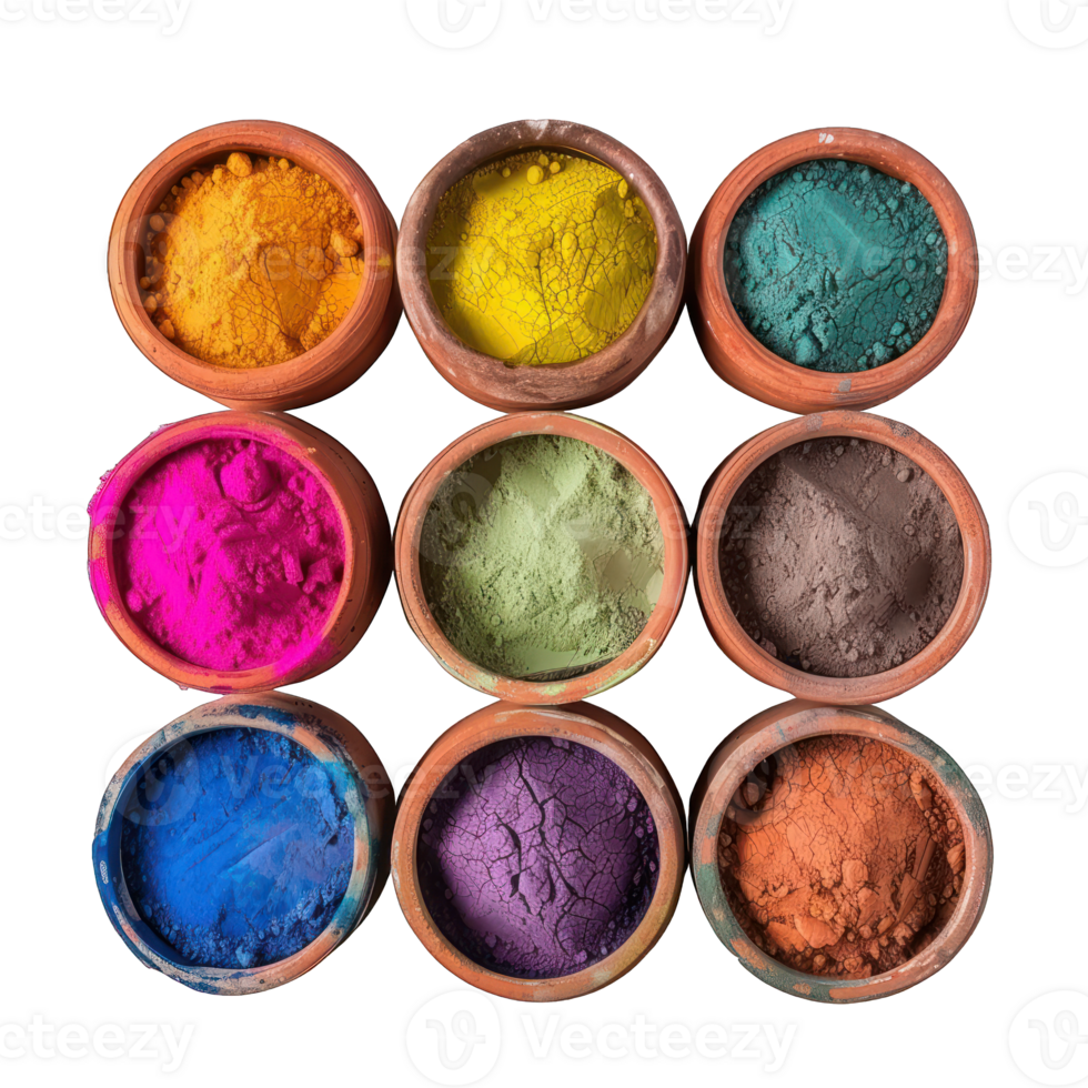 different color powders in mud pots transparent background png