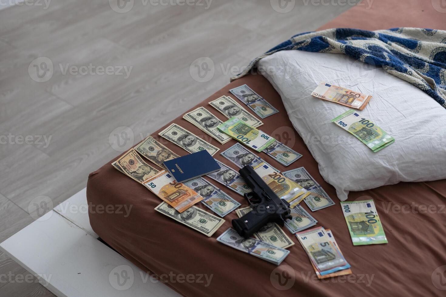 wallet with money out of a murder evidence bag, conceptual image photo