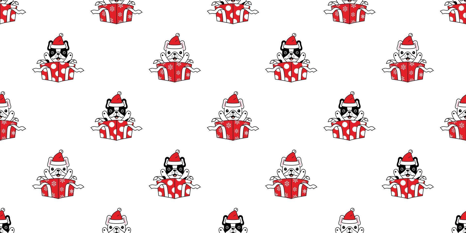 dog seamless pattern french bulldog christmas gift box santa claus hat snowflake polka dot scarf isolated puppy pet cartoon gift wrapping paper tile background repeat wallpaper doodle illustrat vector