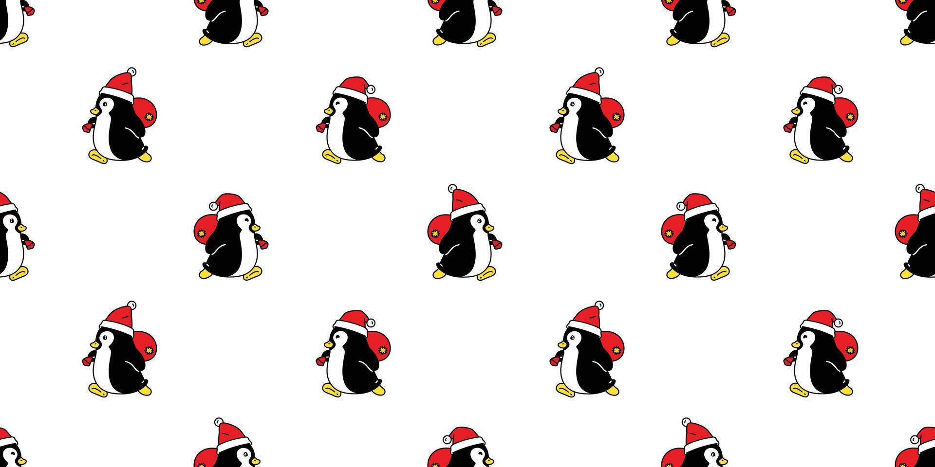 penguin seamless pattern christmas santa claus hat running bird duck cartoon tile background repeat wallpaper gift wrapping paper illustration design scarf isolated vector