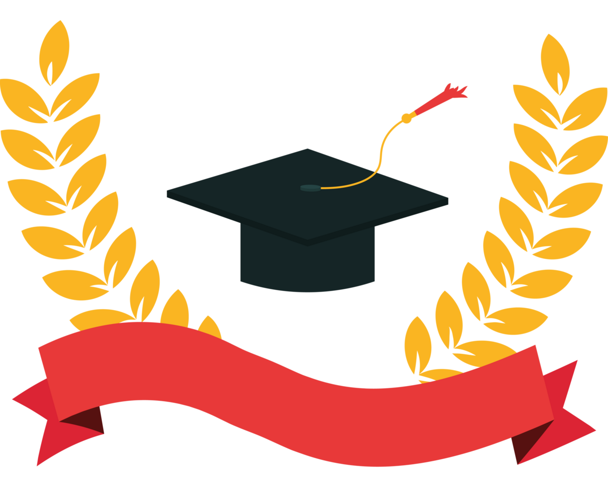 A graduation cap and laurel wreath with a ribbon png