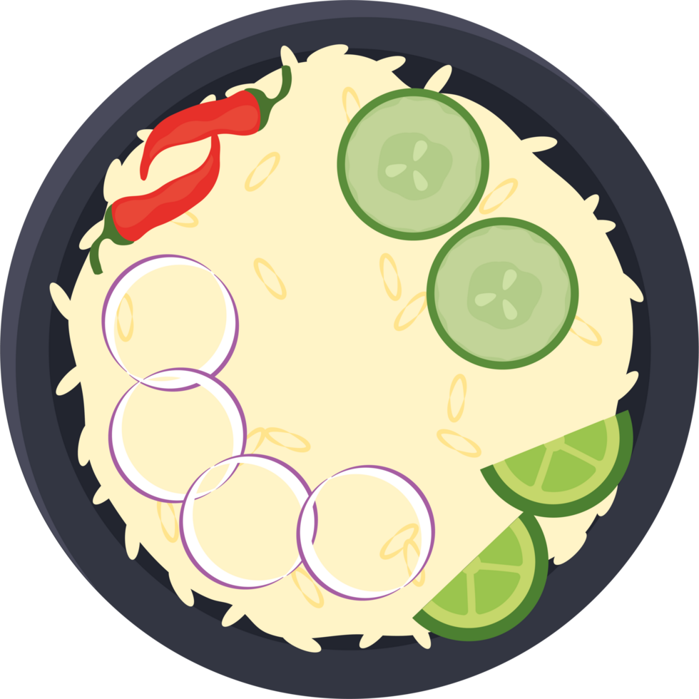 A plate with rice, cucumbers, and peppers png