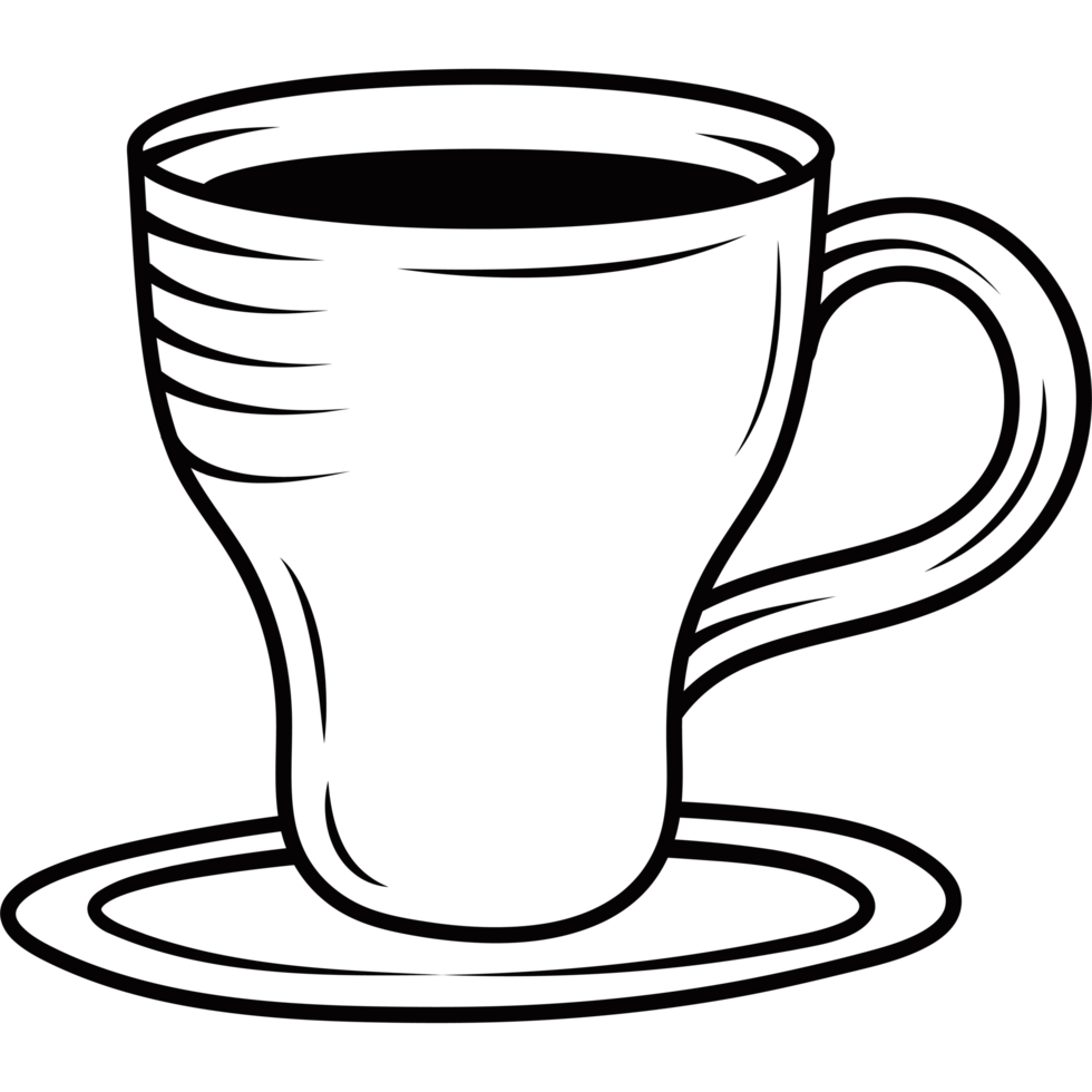 A black and white drawing of a cup of coffee png