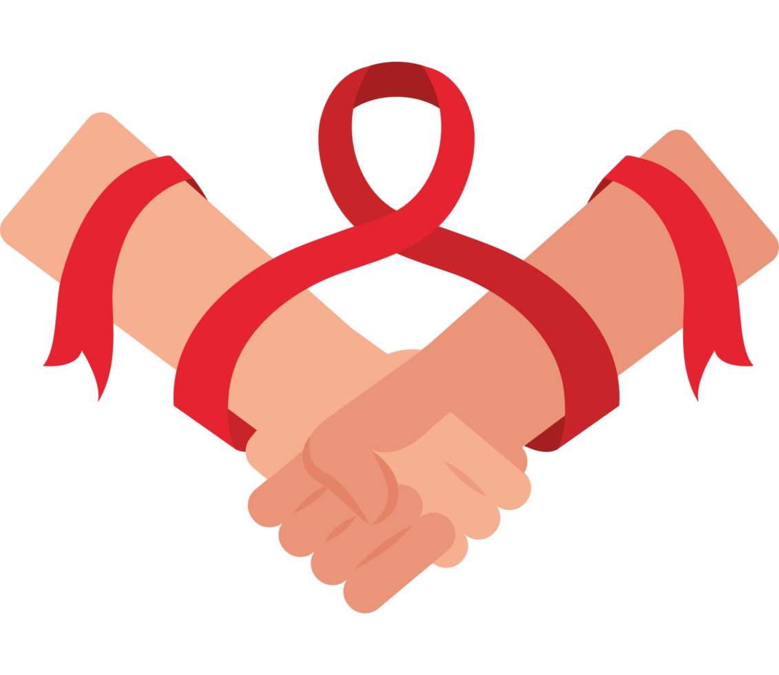 Two hands holding each other with a red ribbon png