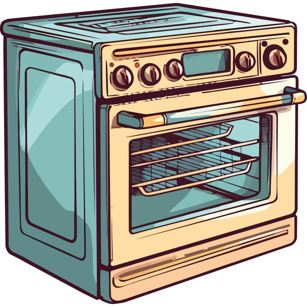 A cartoon oven with a door open and a rack inside png