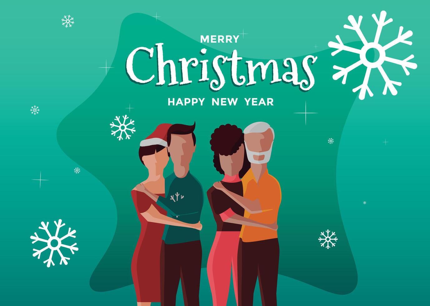 Group of young and adult friends of different ethnicities together at a Christmas party on a green background with white snowflakes and stars with a text above that says Merry Christmas. vector