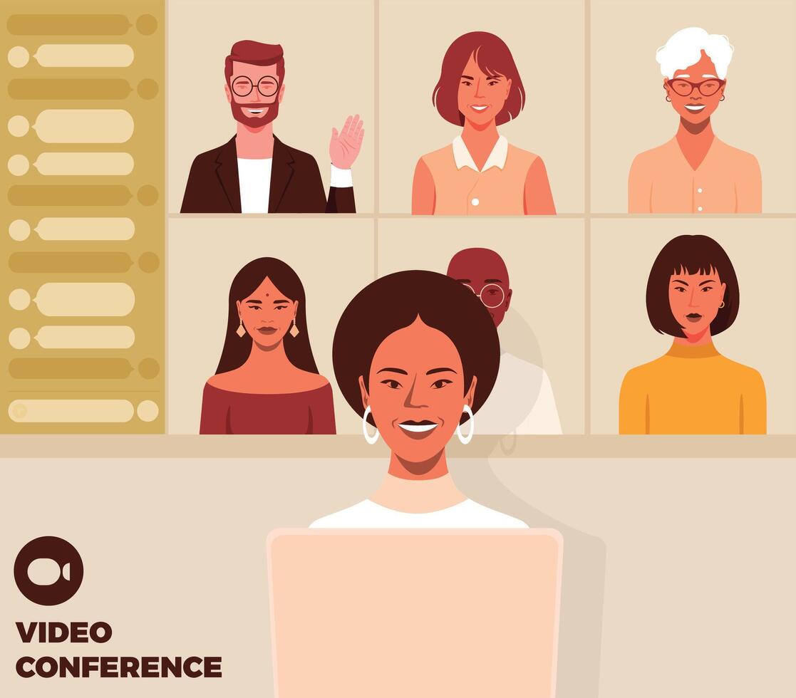 illustration of a conference, with diverse people and diverse genders and ethnicities. vector